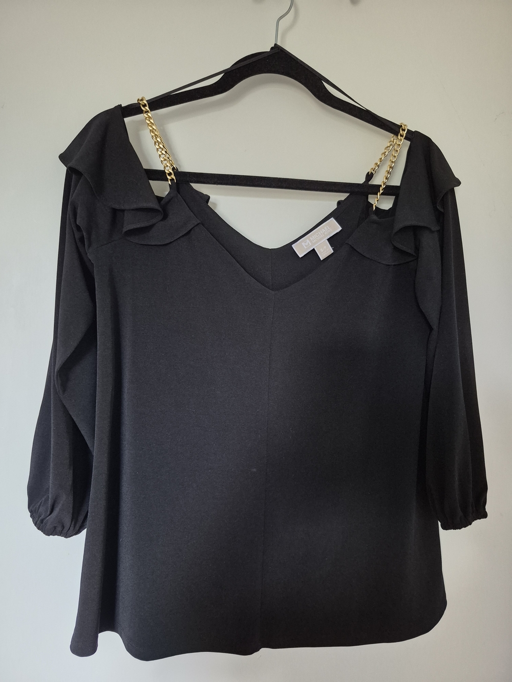 Michael Kors Black Long-Sleeve Ruffle Shoulder Dress with Gold Chain Straps